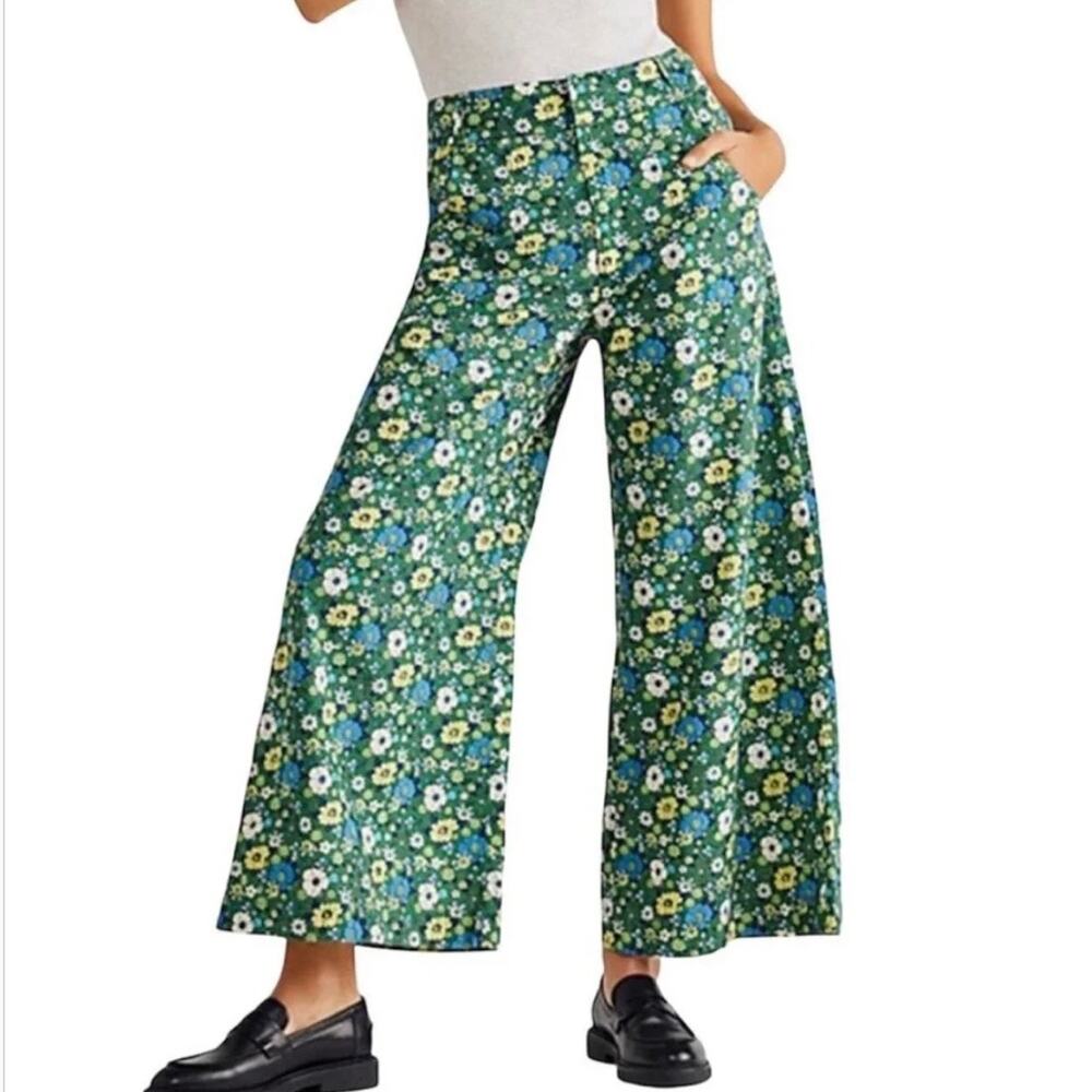 Free People Menocra Cropped Floral Print Wide Leg Pants - Green - Size 2
